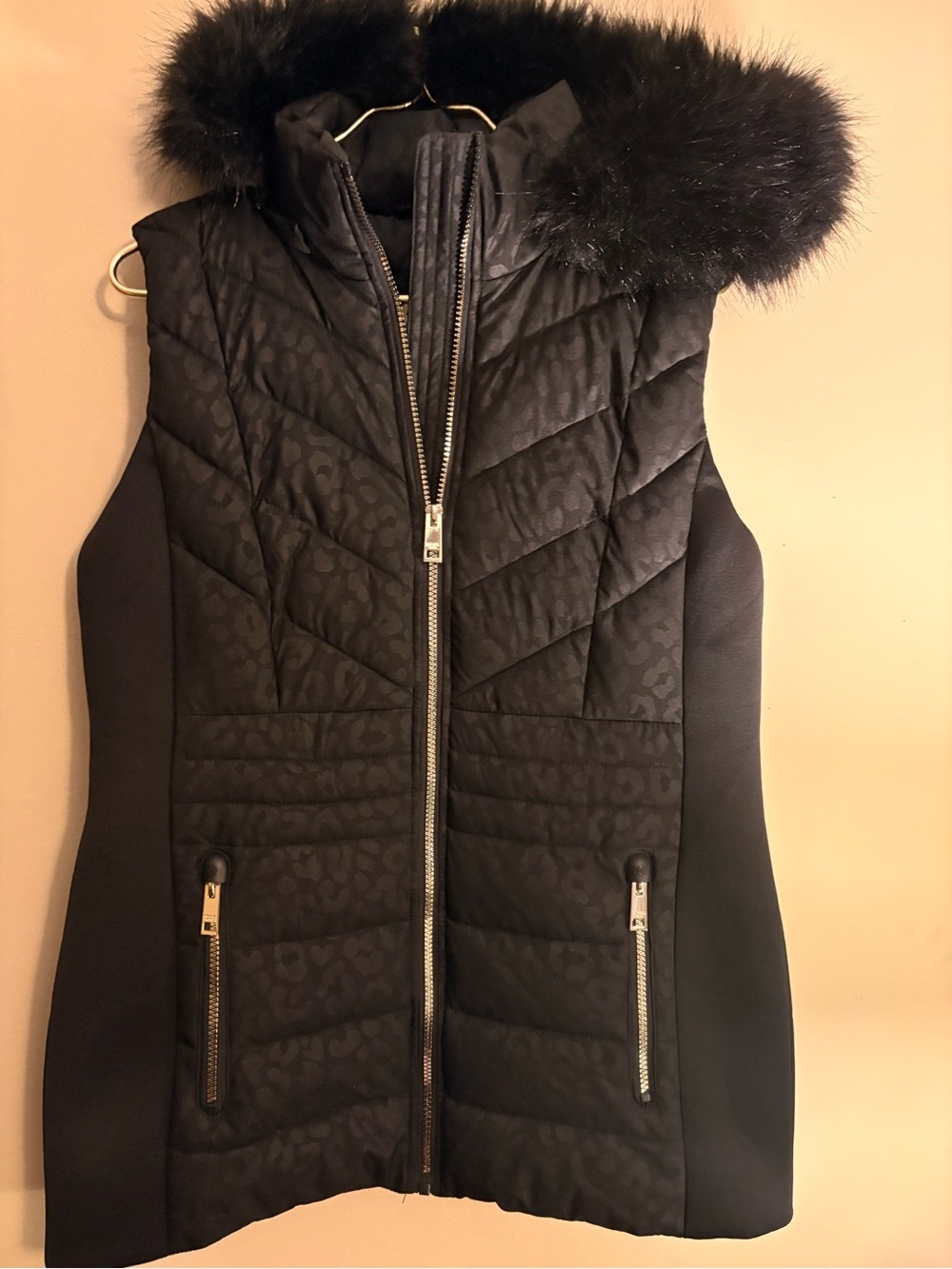 Michael Kors Black Quilted Vest with Faux Fur Hood Trim size medium.